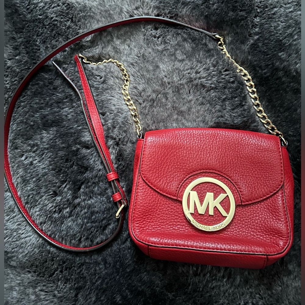 Michael Kors Red Gold Mini Crossbody Bag with Signature MK Emblem